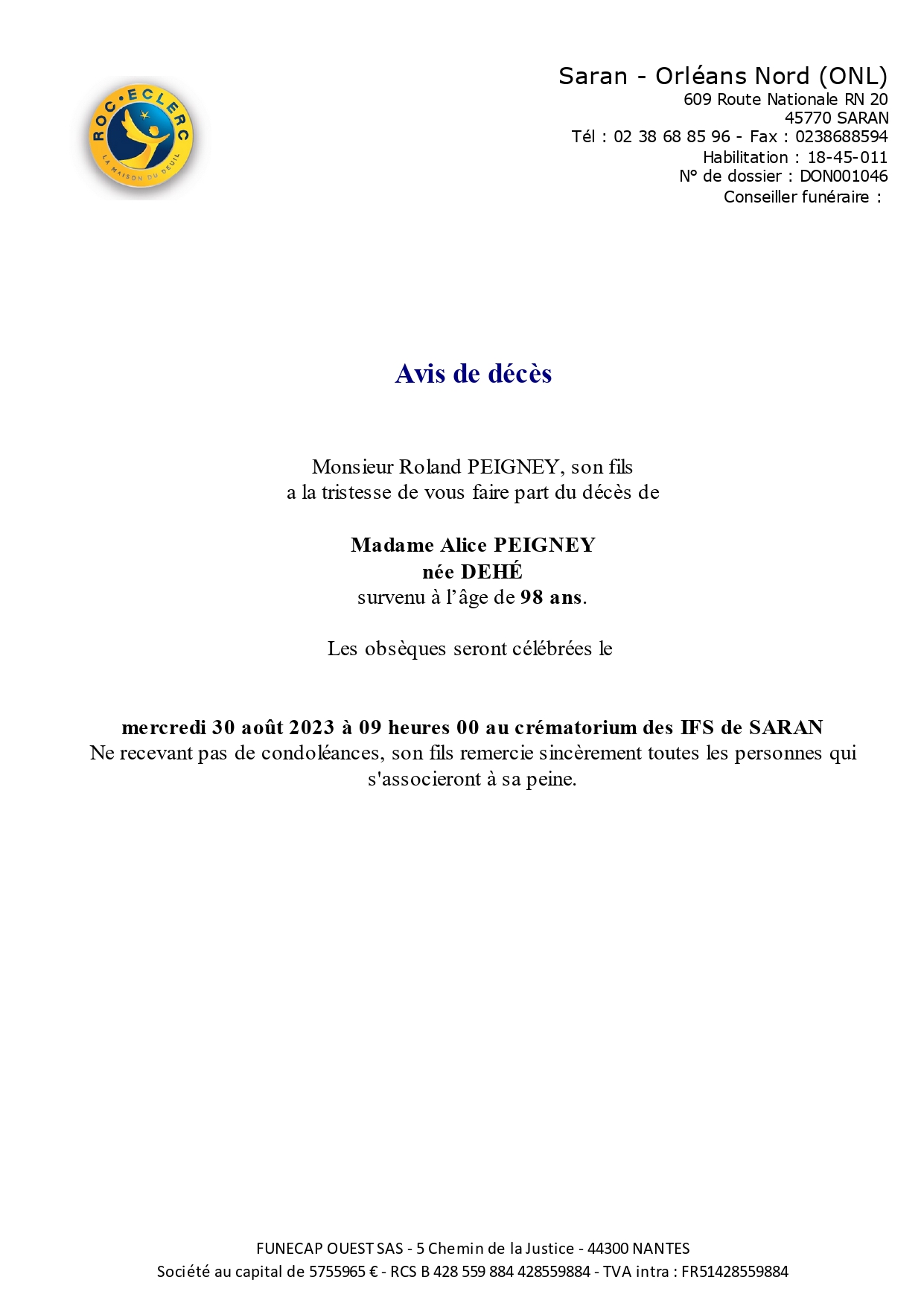 PEIGNEY Alice, Marguerite Née DEHÉ